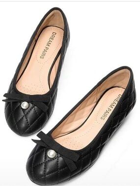 Dream Pairs Black Quilted Ballet Flats with Bow and Pearl Accent